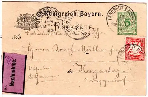 Bayern 1895, 10 Pf. auf 5 Pf. Ganzsache per Nachnahme v. Landshut n. Hengersberg