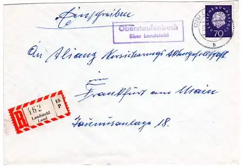 BRD 1962, Landpost Stpl. OBERSTAUFENBACH über Landstuhl auf Reko-Brief m. 70 Pf.