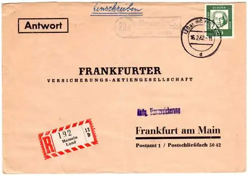 BRD 1962, Landpost Stpl. 20a REINERBECK über Hameln auf Reko-Brief m. 70 Pf.