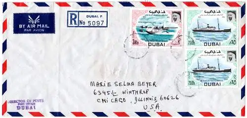 Dubai 1969, 3 RI+ 2x250 Dh. auf Einschreiben Luftpost Brief n. USA