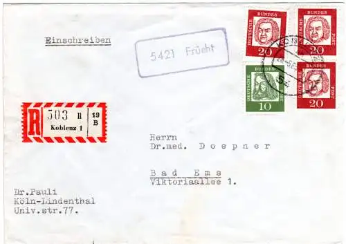 BRD 1963, Landpost Stpl. 5421 FRÜCHT auf Reko-Brief m. 10+3x20 Pf.