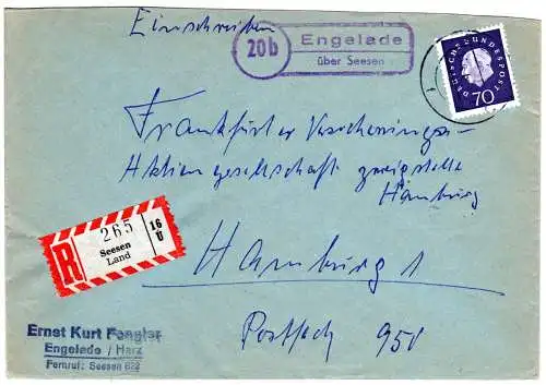 BRD 1962, Landpost Stpl. 20b ENGELADE über Seesen auf Reko-Brief m. 70 Pf.