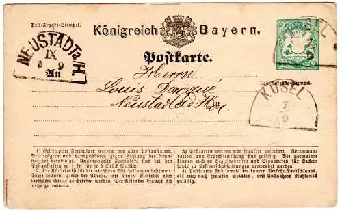 Bayern 1875, Pfalz-HKS KUSEL klar auf 2 Kr. Ganzsache