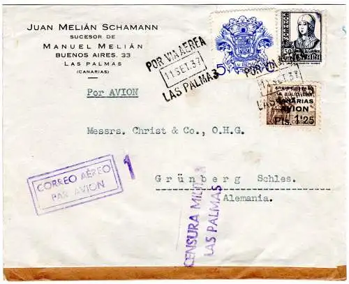 Spanien 1937, 3 Marken auf Luftpost Zensur Brief v. Las Palmas Canarias