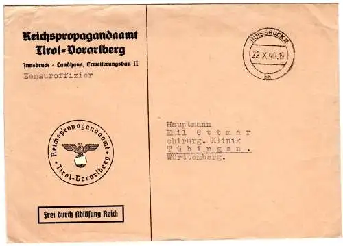 DR 1940, Ostmark Brief des Reichspropagandaamtes Frei d. Ablösung v. Innsbruck