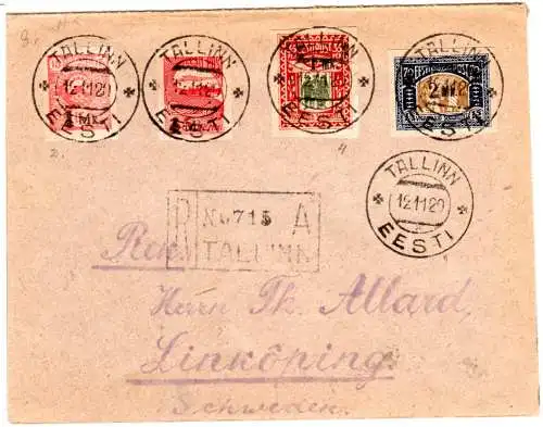 Estland 1920, 4 Marken auf Einschreiben Brief v. Tallinn n. Schweden