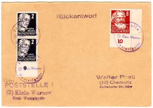 SBZ, Notstempel Poststelle I (2) KLEIN WARNOW auf Antwort Karte m. 8+2x2 Pf.