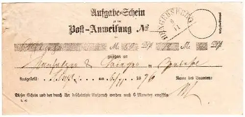 Bayern 1876, HKS Hengersberg auf Postschein f. eine Postanweisung