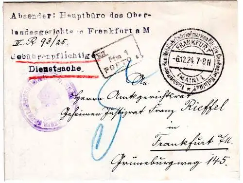 DR 1924, Frankfurt Nothilfe Werbe- u. R3 Porto-Stpl. auf Brief m. 5 Pf. Porto