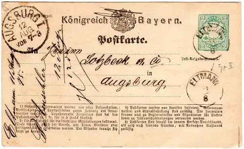 Bayern 1875, Kl. K1 ELTMANN (Type II) klar auf 2 Kr. Ganzsache n. Augsburg.