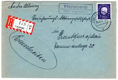 BRD 1962, Landpost Stpl. HARSBERG über Landstuhl auf Reko-Brief m. 70 Pf.