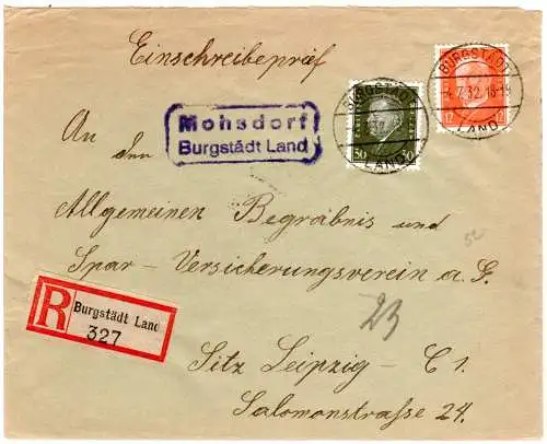 DR 1932, Landpost Stpl. MOHSDORF Burgstädt Land auf Reko-Brief m. 12+30 Pf.