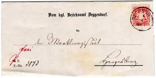 Bayern 1875, 3 Kr. auf Amts-Brief m.  K1 Deggendorf n. Hengersberg