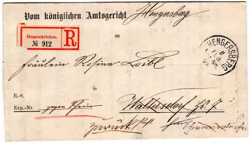 Bayern 1899, K1 Hengersberg auf Amts Reko Brief n. Waltersdorf m. Retoursendung