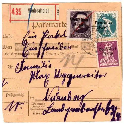 Bayern 1920, 2 Mk. Volksstaat+20+60 Pf. DR auf Reko Paketkarte v. Niedealteich.