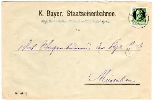 Bayern 1916, 5 Pf. m. E-Lochung auf Brief d. Bahnstation München-Milbertshofen