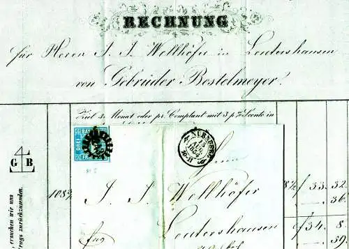 Bayern 1854, breitrandige 3 Kr auf Brief (Rechnung) v. Nürnberg n. Leutershausen