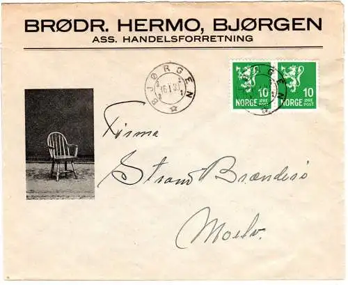 Norwegen 1930, Hull Stpl. BJÖRGEN auf illustriertem Firmenbrief m. Paar 10 öre