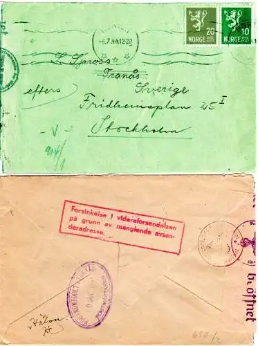 Norwegen 1944, 10+20 öre auf Brief v Horten n. Schweden m. Zensur-Hinweisstempel