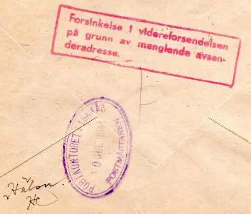 Norwegen 1944, 10+20 öre auf Brief v Horten n. Schweden m. Zensur-Hinweisstempel