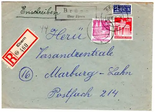 BRD 1950, Landpost Stpl. BRÜNN über Ebern auf Einschreiben Brief m. 20+40 Pf.