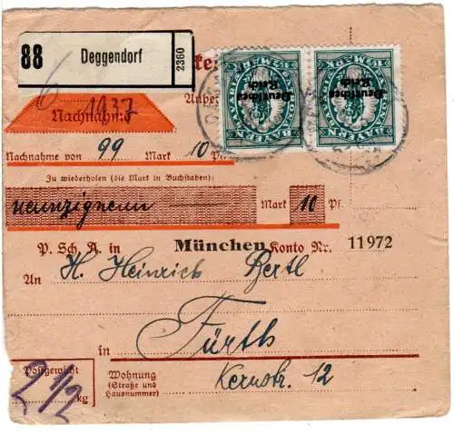 DR 1920, MeF 2x1 1/2 Mk. Bayern Abschied auf Nachnahme Paketkarte v. Deggendorf