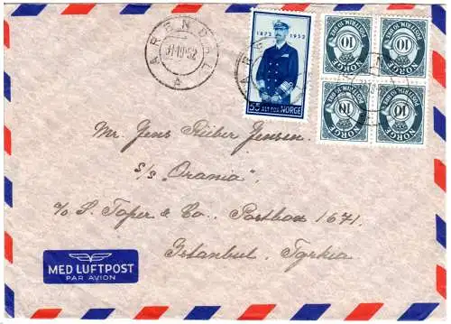 Norwegen 1952, 55+4x10 öre auf Luftpost Brief v. Arendal i.d. Türkei