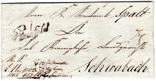 Bayern 1842, Schreibschrift-L1 Pleinfeld auf Brief v. Spalt n. Schwabach