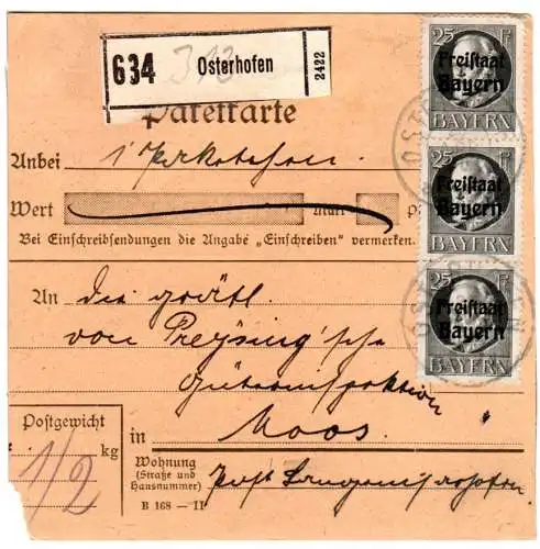 Bayern 1920, MeF 3x25 Pf. auf Paketkarte v. Osterhofen