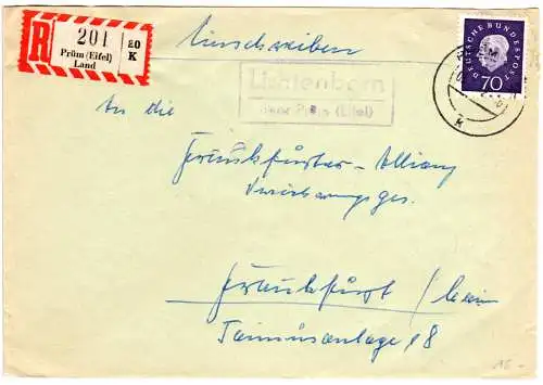 BRD 1962, Landpost Stpl. LICHTENBORN über Prüm (Eifel) auf Reko-Brief m. 70 Pf.