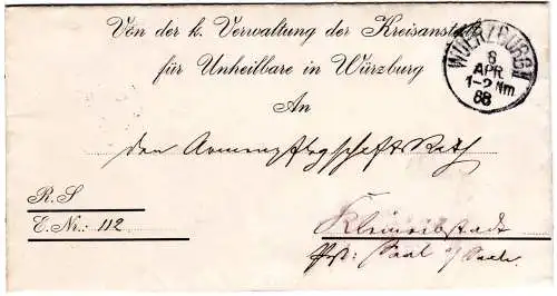 Bayern 1888, K1 Wuerzburg II auf RS Brief d. KA f. Unheilbare n. Kleineibstadt