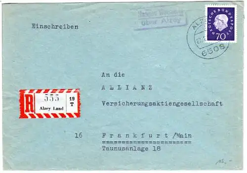 BRD 1962, Landpost Stpl. HANGEN WEISHEIM über Alzey auf Reko-Brief m. 70 Pf.