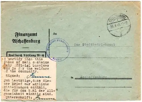 1945, Orts-Brief m. Zulassungsvermerk-Aufkleber v. Aschaffenburg