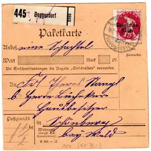 DR 1920, EF 75 Pf.  Bayern Abschied auf Paketkarte v. Deggendorf