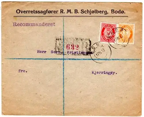 Norwegen 1913, 3+10 öre auf Reko Firmen-Drucksache Brief v. Bodö