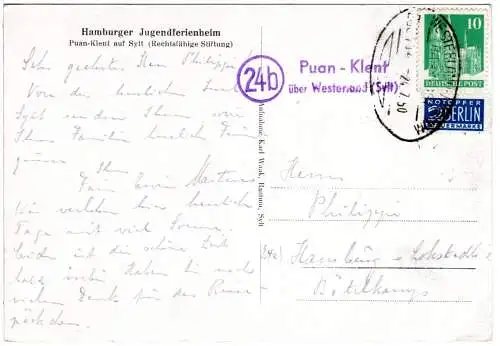 BRD 1950, Landpost Stpl. 24b PUAN-KLENT über Westerland (Sylt) auf AK m. 10 Pf.