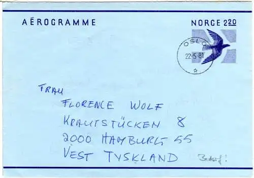 Norwegen 1981, 2,20 Kr. Aerogramm m. Berdarfstext (!) v. Oslo n. Deutschland