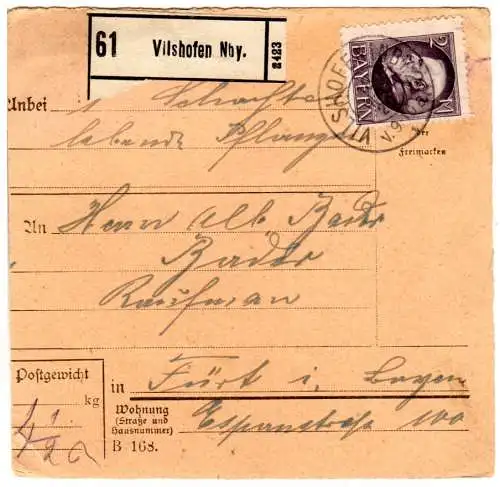 Bayern 1920, EF 2 M. auf Paketkarte v. Vilshofen