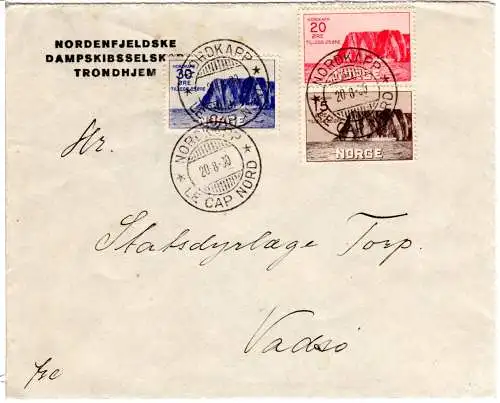 Norwegen 1930, Nordkap I komplett auf Brief d. Nordenfjelske Dampskibsselkap