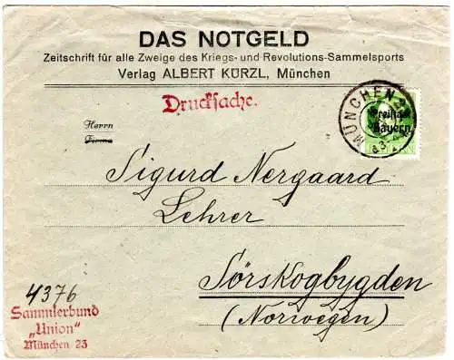 Bayern 1920, 5 Pf. Ludwig Freistaat auf Drucksache Brief v. München n. Norwegen