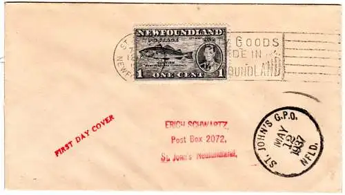 Neufundland 1937, 1 C. Codfish (Dorsch) auf Ersttagsbrief v. St. John´s. FDC.
