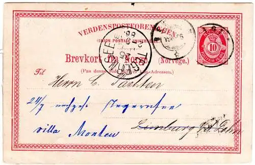 Norwegen 1886, 10 öre Ganzsache (P22) v. Bergen über Limburg n. Tegernsee