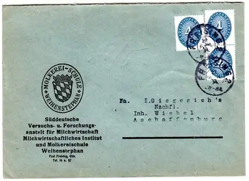 DR 1934, MeF 3x4 Pf. Dienst auf Molkereischule Brief v. Freising Weihenstephan