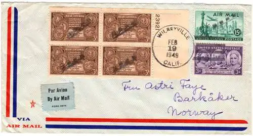 USA 1949, 2-sprachiges Luftpostetikett auf Brief v. Wilseyville n. Norwegen