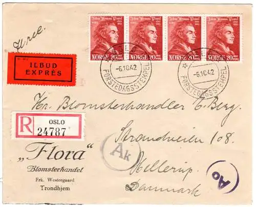 Norwegen 1942, MeF 4x20 öre Wessel auf Reko Express Brief n. DK m. Ersttagsstpl.