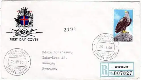 Island 399, 50 Kr. Seeadler auf Reko-FDC v. Reykjvik 