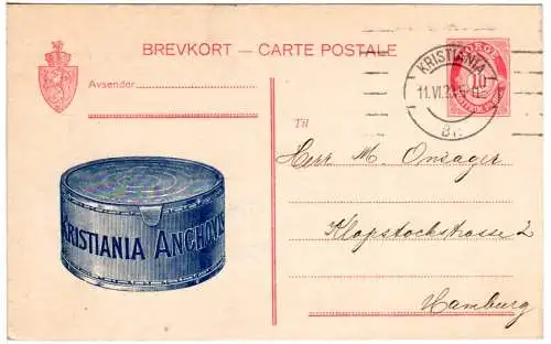 Norwegen 1920,  10 öre Ganzsache v. Kristiania n. Hamburg m. Fischdosen-Abb.