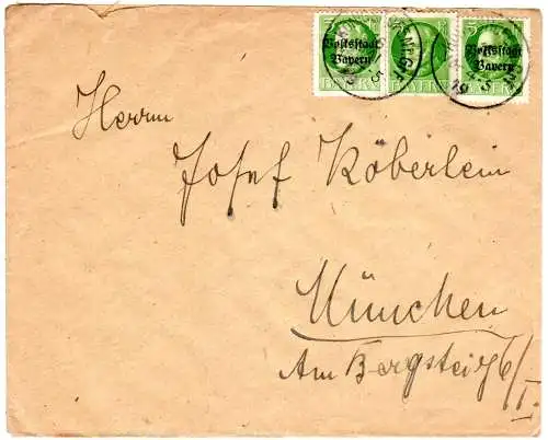 Bayern 1919, 5 Pf. Ludwid+2x5 Pf. Volksstaat auf Brief v. Königshofen i. Grf.