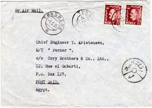 Norwegen 1955, MeF 2x35 öre auf Luftpost Brief v. Tönsberg n. Port Said, Ägypten