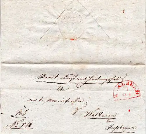 Bayern 1846, roter HKS Würzburg auf Brief v. Forstamt Heidingsfeld n. Waldbrunn